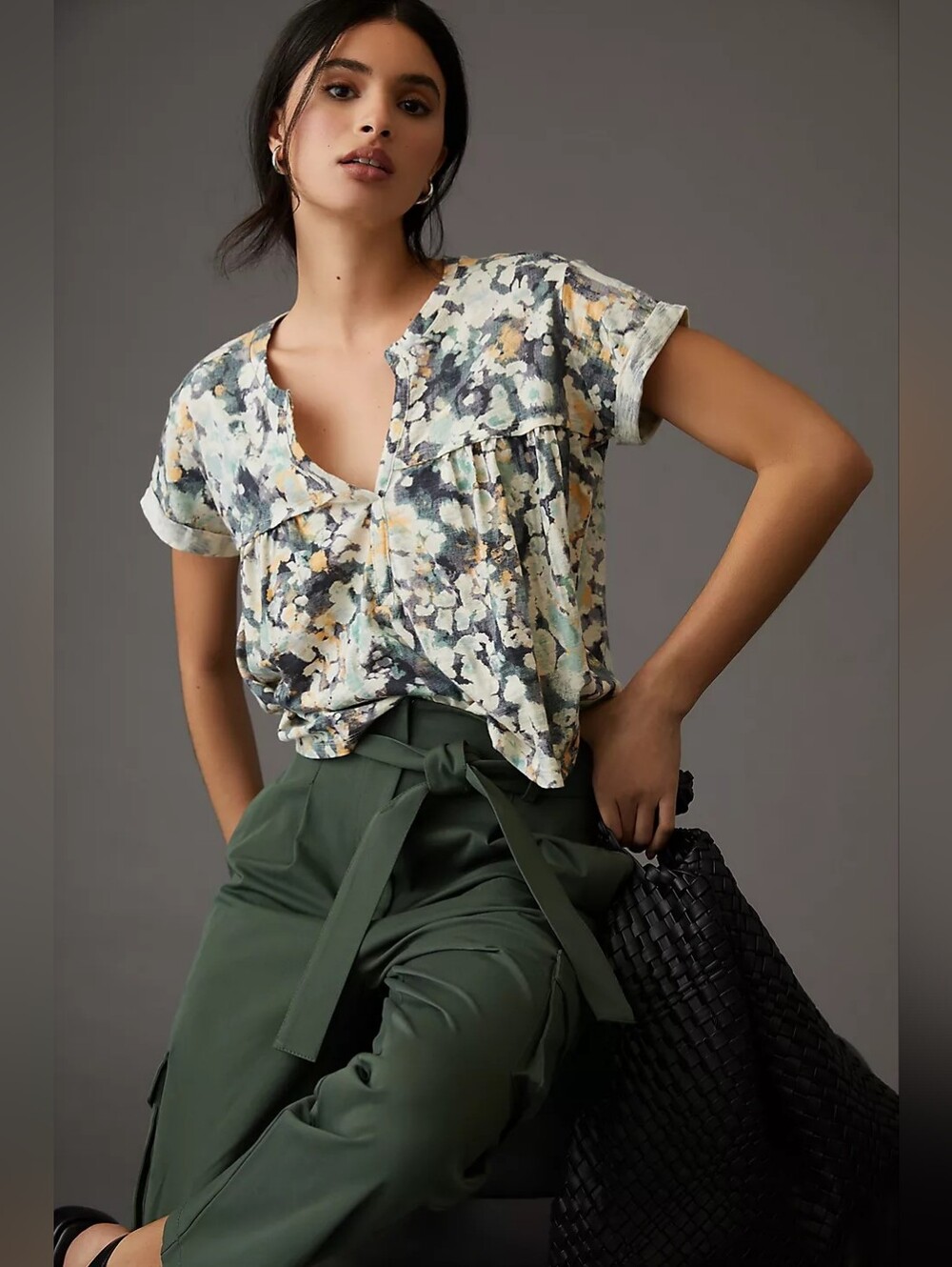 Anthropologie Pilcro Printed Babydoll Henley Tee - green motif - XS